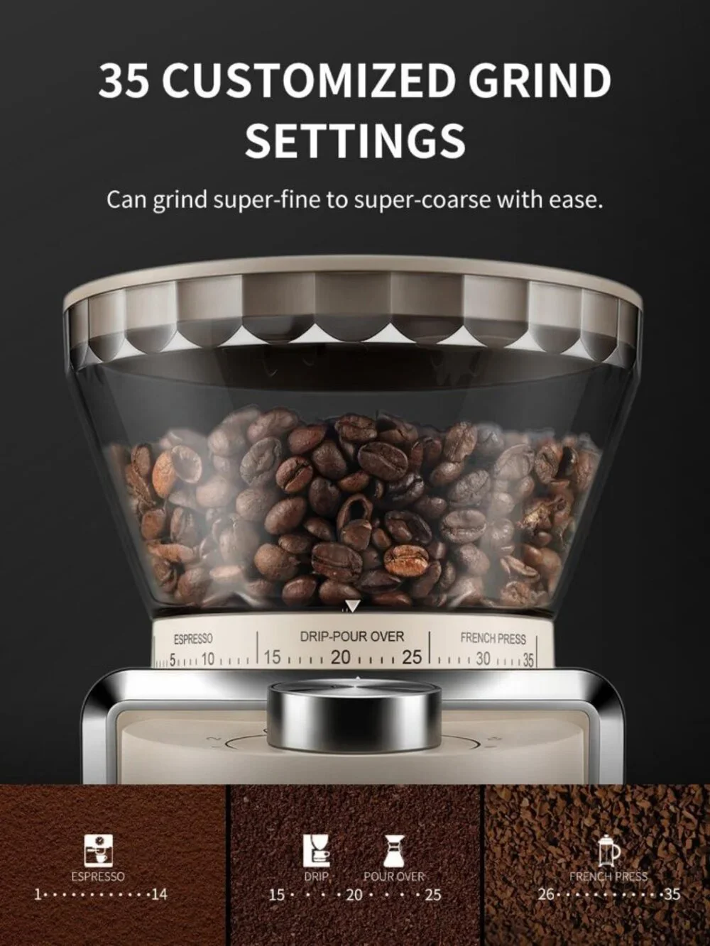 Electric Conical Burr Coffee Grinder, 35 Settings, Anti-Static, Home Use, Beige
